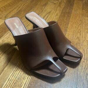 NEOUS JUMEL MULES CHOCOLATE LEATHER SIZE 38.5 CUTOUT-TOE HEELS